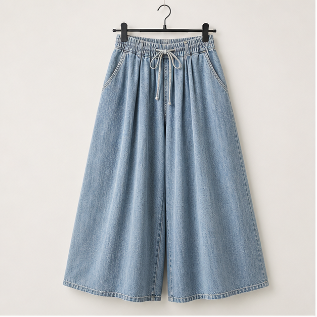 Women's Wide Leg Baggy Jeans Plus Size Loose Elastic Waist Denim Pants with Deep Pockets Light Blue - front view